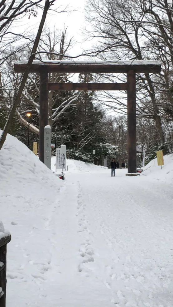 Wooden shrine gate in the snow