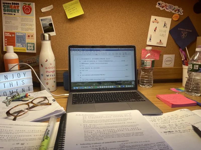View of desk with laptop and notebooks
