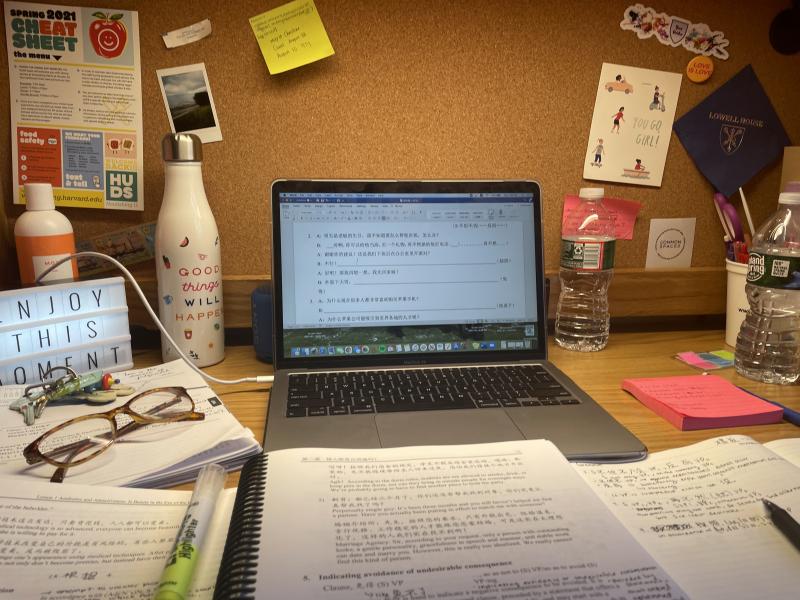 View of desk with laptop and notebooks