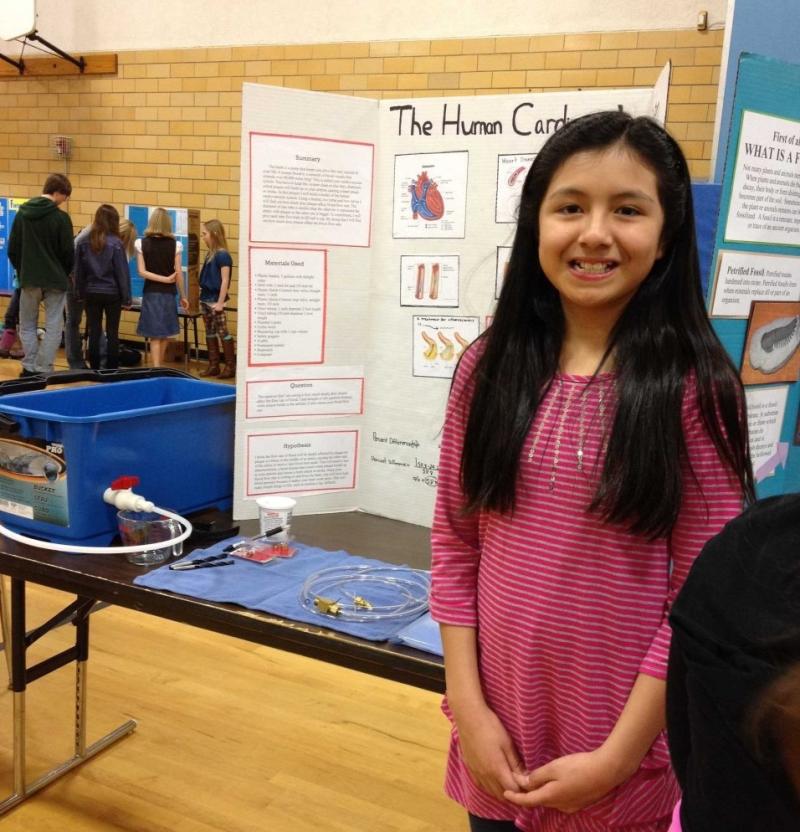 A girl standing in front of a white posterboard with the words displayed "The Human Cardiovascular System."