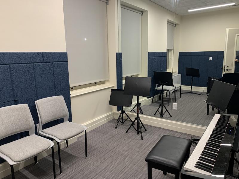 A music practice room in Claverly Hall for students to practice their instruments and sing
