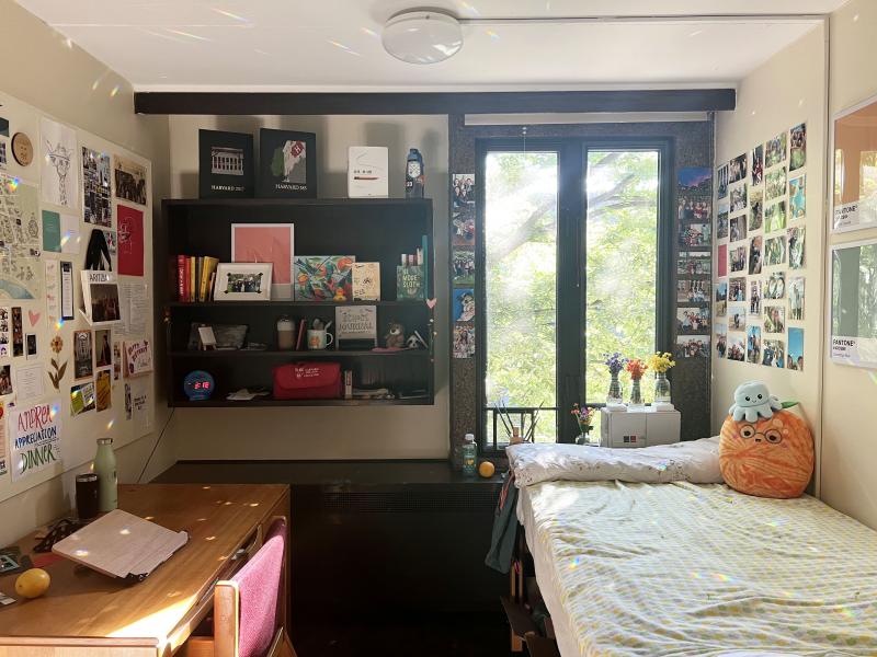 A bedroom with a bed, desk, shelf, and window.