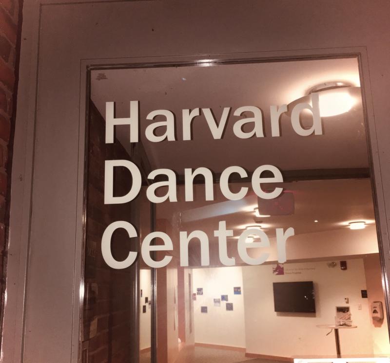Picture of the glass door of the Harvard Dance Center