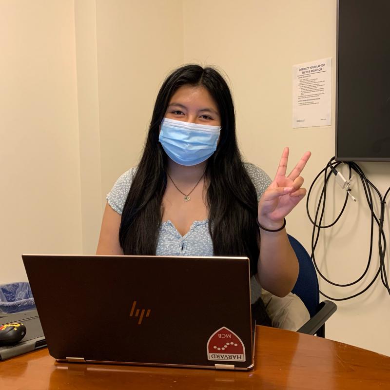 A girl showing a peace sign with her hands and wearing a mask. She is sitting at a table with a laptop in front of her with an upside sticker that says "MCB."