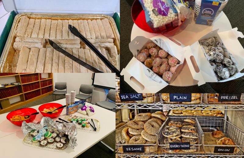 A collage of pictures of food, including baklava, donuts, bagels, cookies