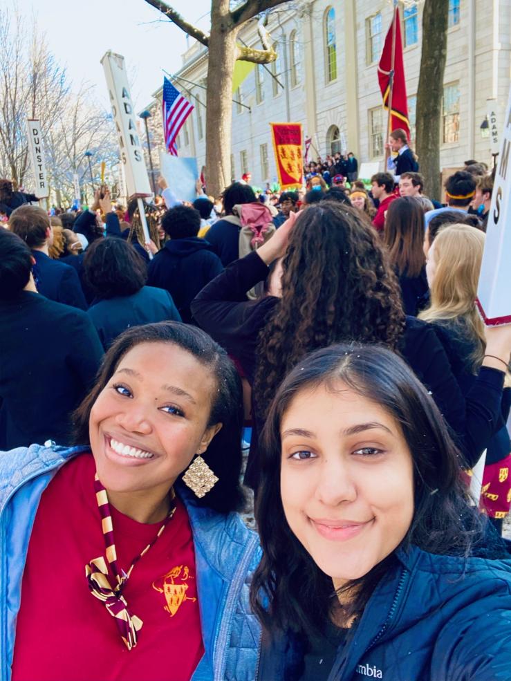 My friend and I take a selfie outside University Hall