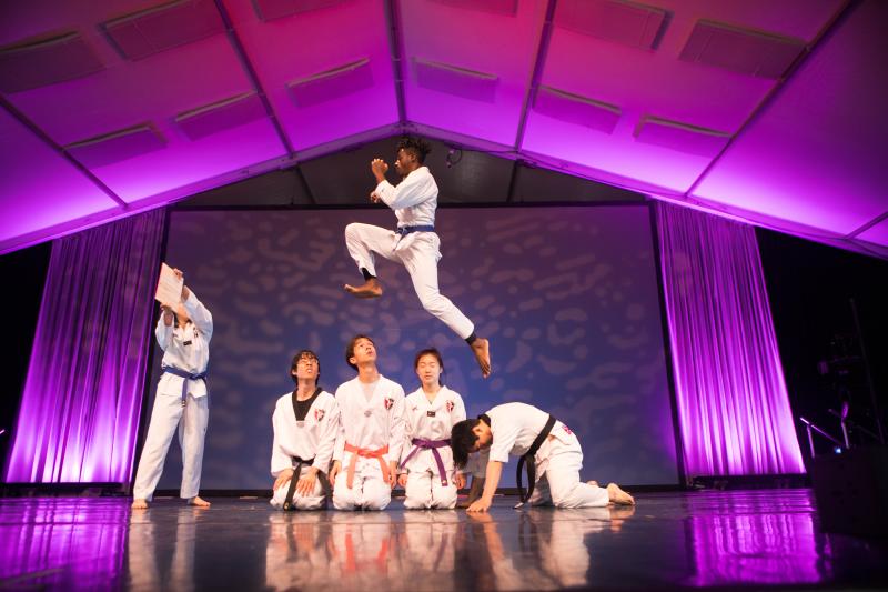 6 performers of martial arts, one jumping in air to kick a piece of plywood