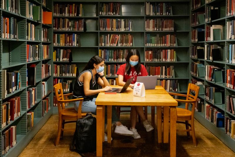 Widener Library Bookshelves and students studying