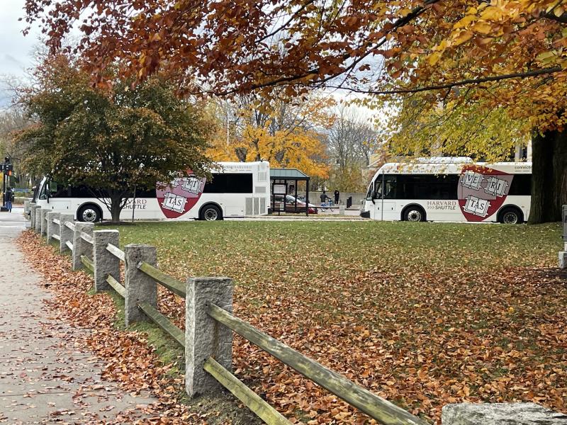 A photo showing two Harvard shuttles