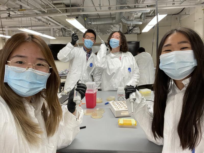 Four students dressed in lab coats holding pipettes smiling at camera.