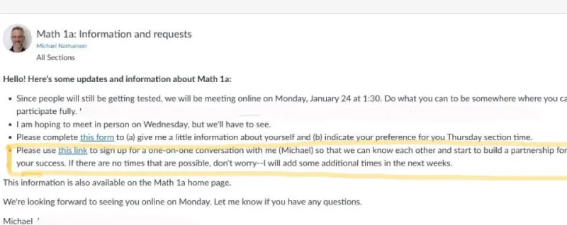 Our professor had a one-on-one meeting where he asked us about ourselves, our interests, and gave us the opportunity to ask him any questions on our mind. 