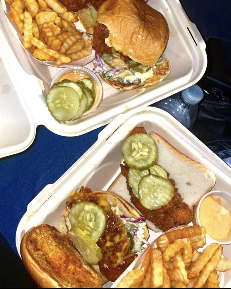 Fried chicken sliders and fries from Dave&#039;s Hot Chicken