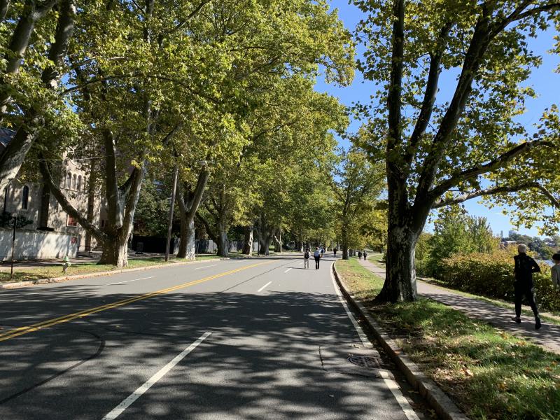 Picture of an large road (Memorial Drive) with people walking 