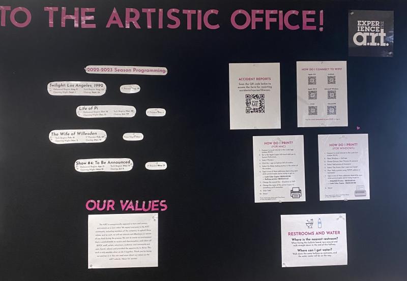 A black bulletin board with pink text and papers that have helpful information for cast and staff