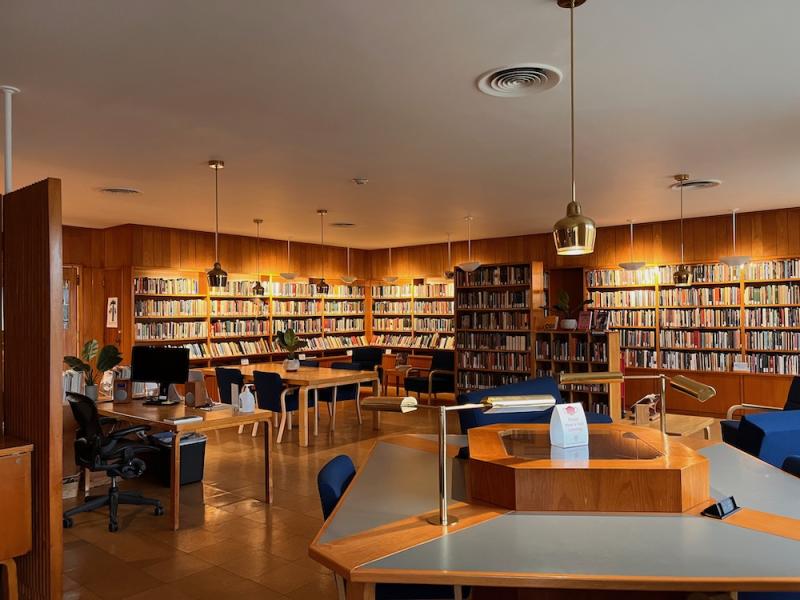 Image of Woodberry Poetry Room in Lamont Library, a room full of books and seating areas