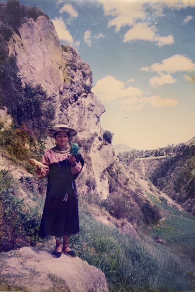 Writer's mother standing in landscape of Saraguro