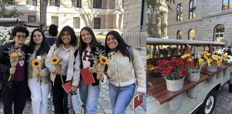 Picture with students holding sunflowers on the left and a truck with buckets of flowers on the right.