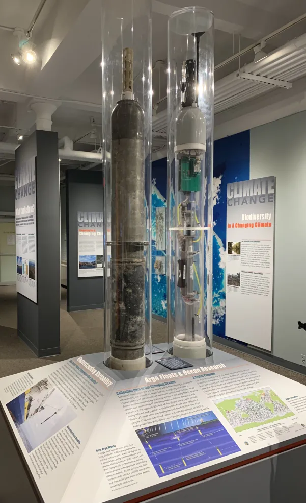 Picture of argo floats exhibit (two glass cylinders with devices inside them)