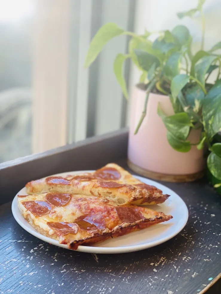 A plate of two pepperoni pizza slices