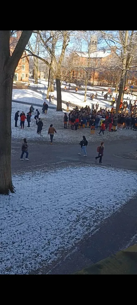 Students standing and congregating in Harvard Yard
