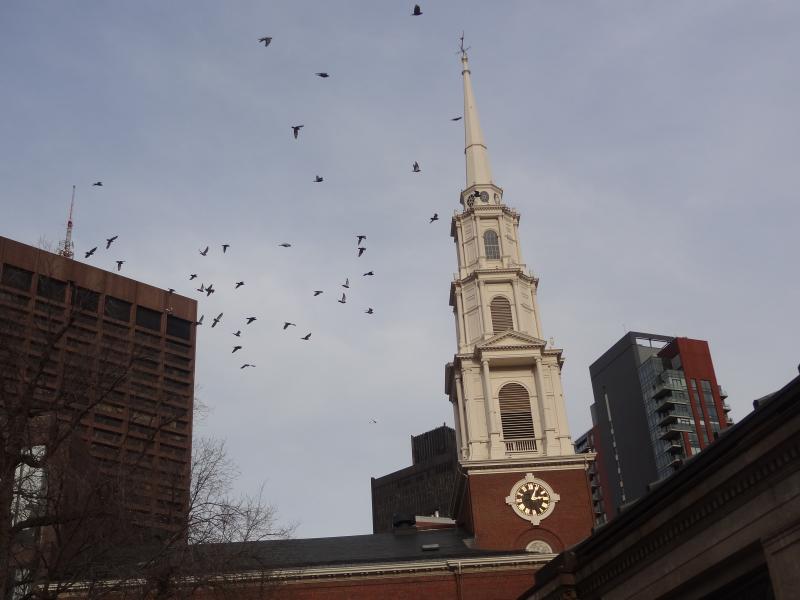 A church with birds flying