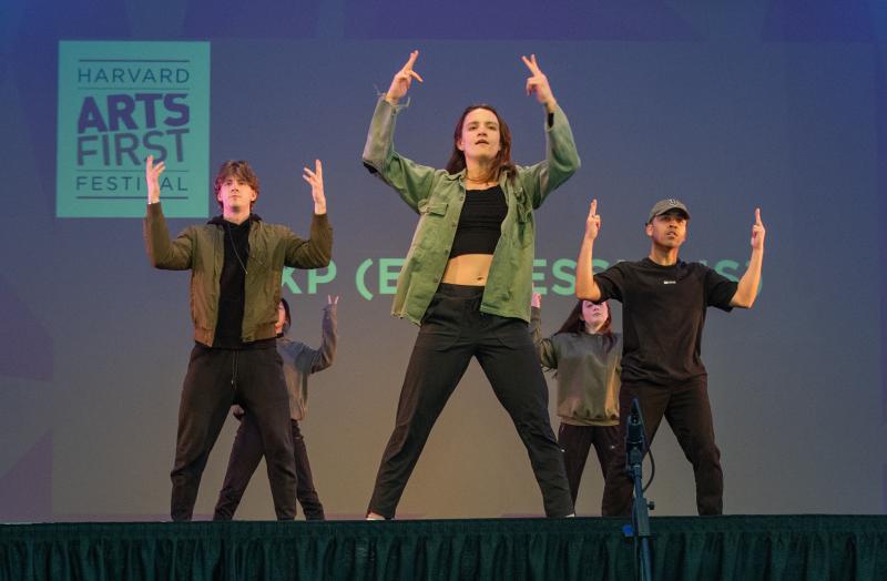 Dancers posing with arms raised onstage at Arts First