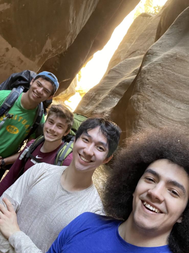 A picture of myself and three friends on our backpacking trip through the Narrows in Zion National Park