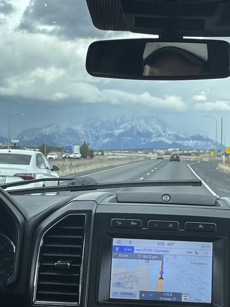 An image of a mysterious snow-capped mountain in the distance as we drove to Zion National Park