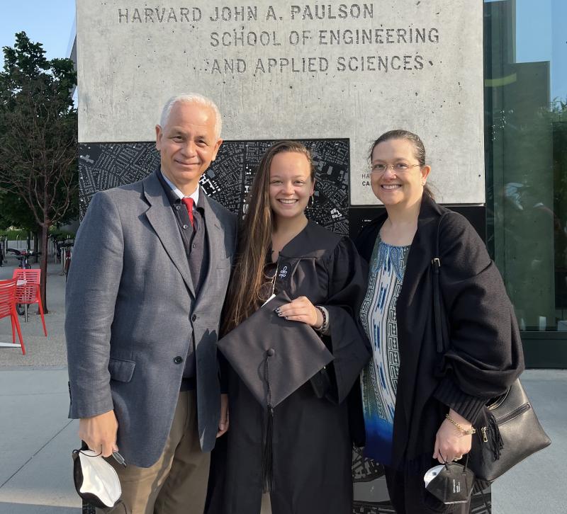 Harvard grad Perrin and her parents in front of the School of Engineering