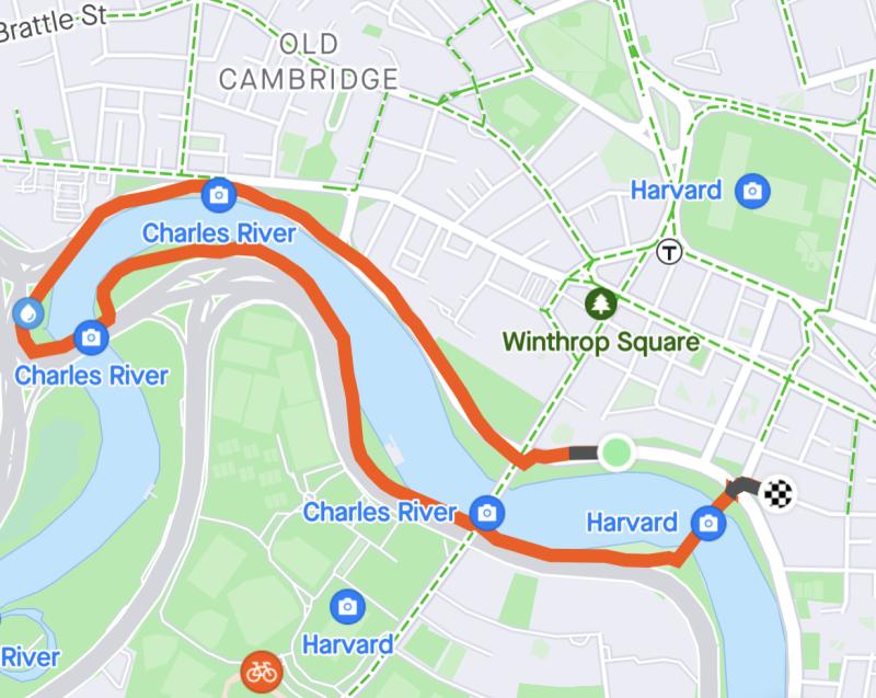 Map of 2-mile loop that crosses Eliot Bridge around Charles River