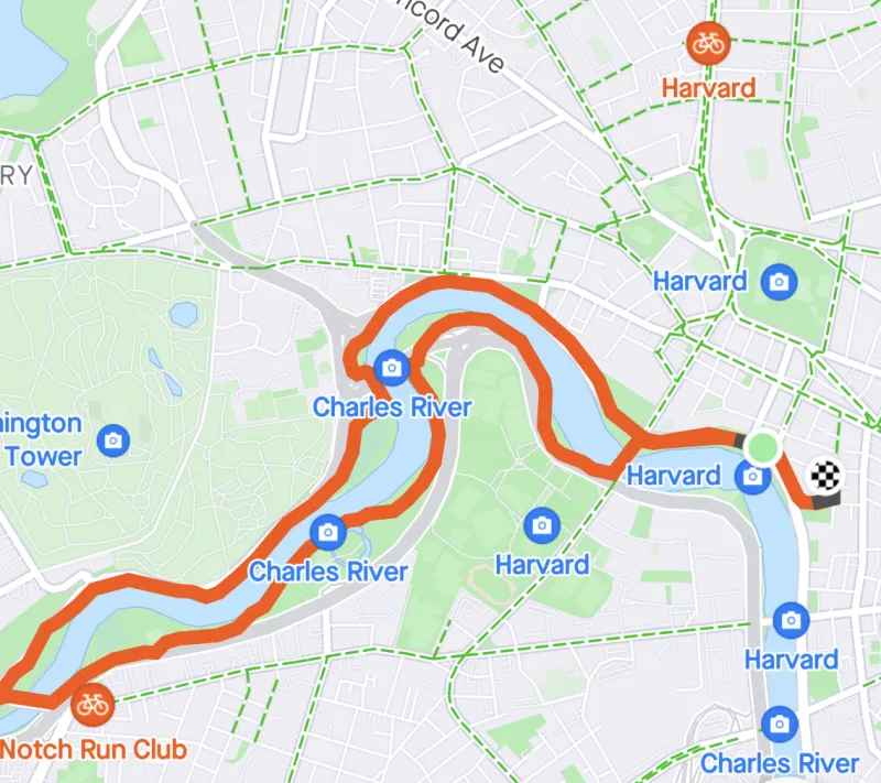 Map of 5-mile loop that crosses Arsenal Street Bridge Bridge around Charles River