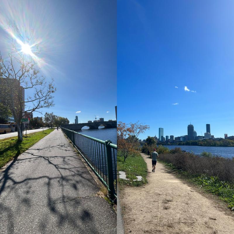 A collage of two pictures side by side of running paths by the Charles River