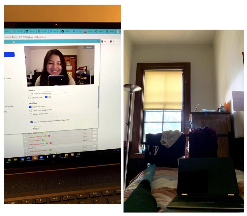 A collage of two images, side by side. The left image is of a girl smiling at herself on Zoom holding a phone in front of her face. The right image is of a girl's leg and laptop on a bed in her dorm room.