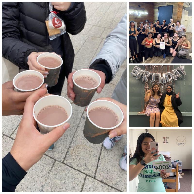 A collage of four images. The left image shows four hot chocolate drinks. The top right image is a group of girls posing together in exercise clothes. The middle right image is of two girls holding peace signs and smiling in front of balloons that say "Happy Birthday." The bottom right image is of a girl taking a mirror selfie in her dorm room holding a race bib number and smiling.