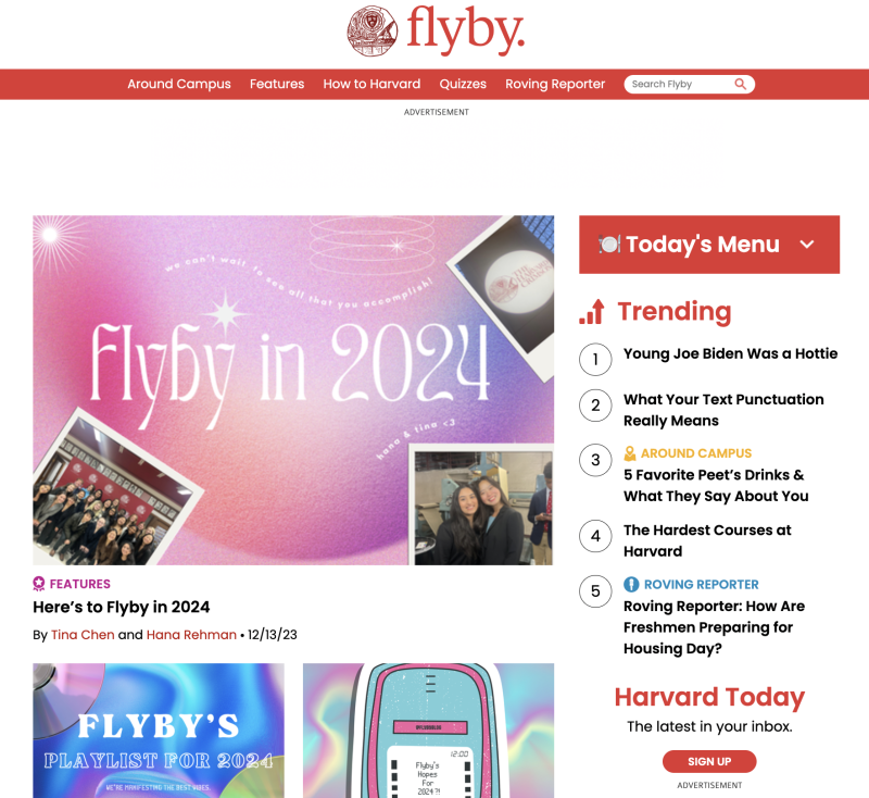 Screenshot of the flyby blog home page in December 2023
