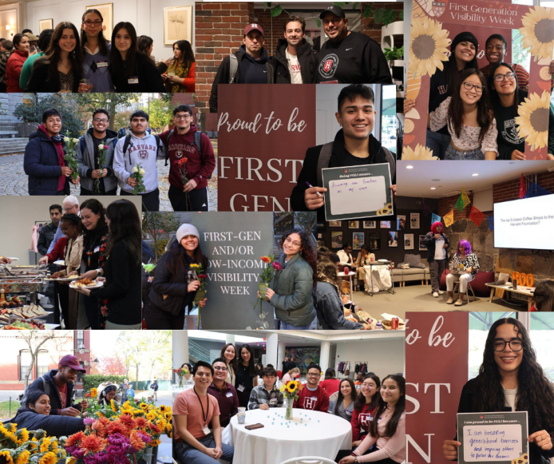 A collage of picctures taken during FGLI Visibility Week. There are pictures of students holding flowers, pictures of students at the student-faculty dinner, students holding papers sharing what being FGLI means to them. 