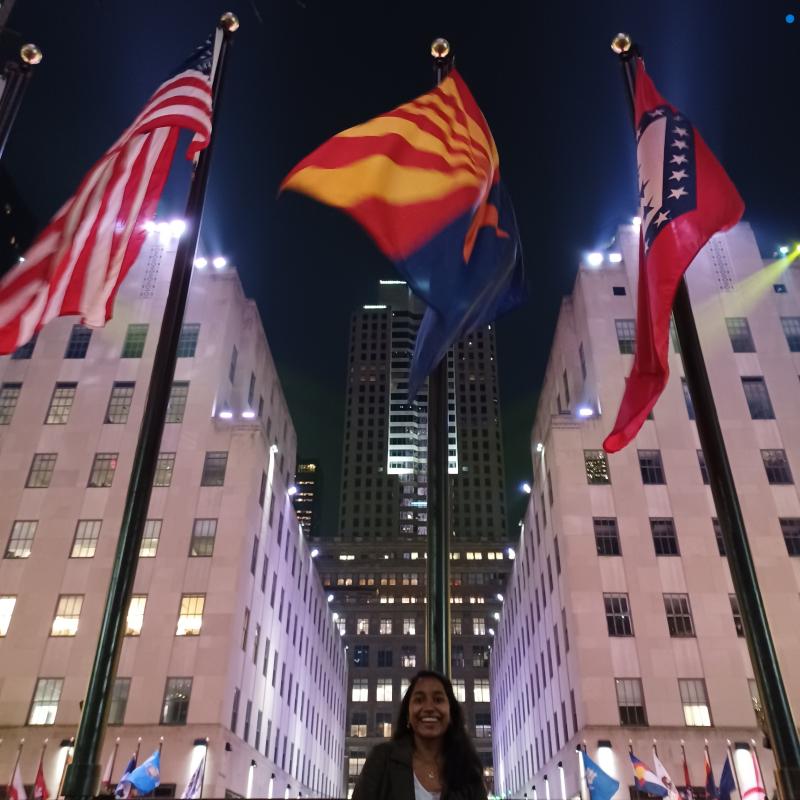 Merlin standing in front of Arizona flag in New York