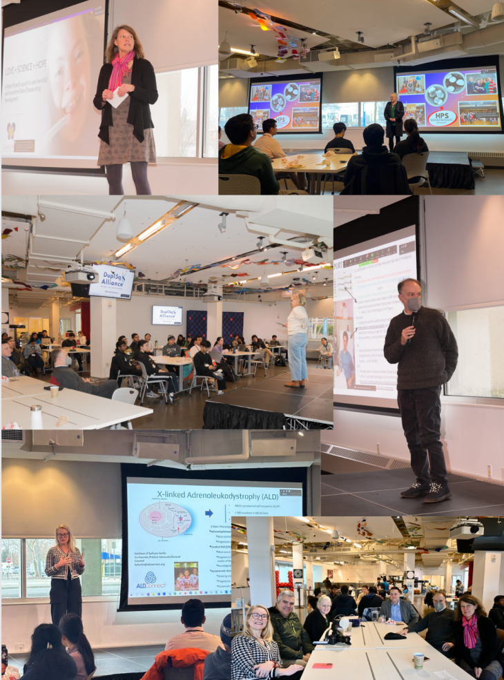 A collage of patients speaking to an audience of students.