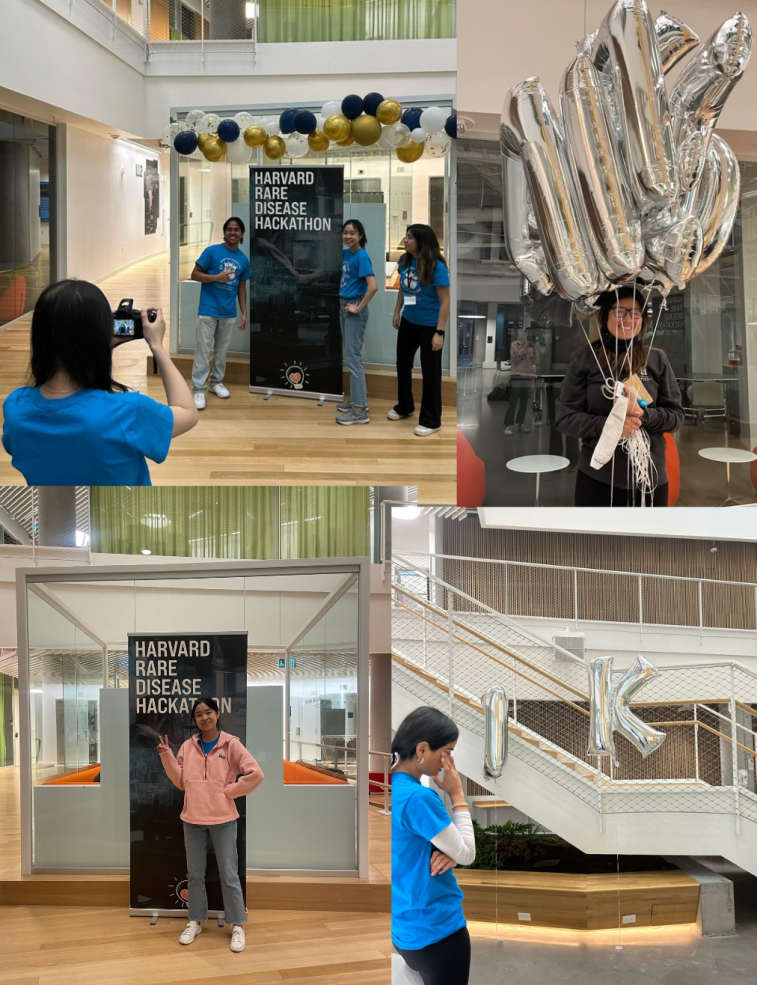 A collage of four images depicting the set up of the hackathon.