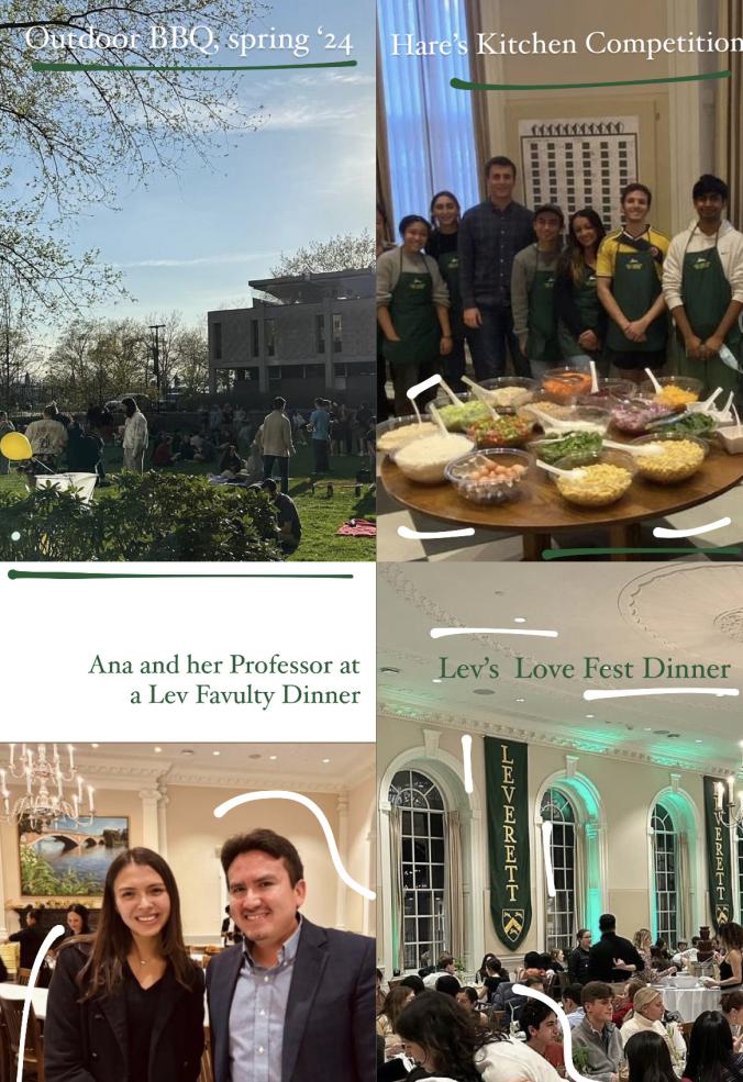 This is a collage of four different Lev events: an outdoor BBQ, Hare's Kitchen competition, a Faculty Dinner, and Lev's Love Fest dinner around Valentine's Day.