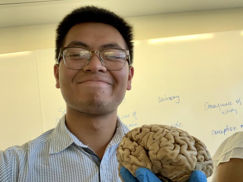 Picture of a male-presenting student holding a brain.