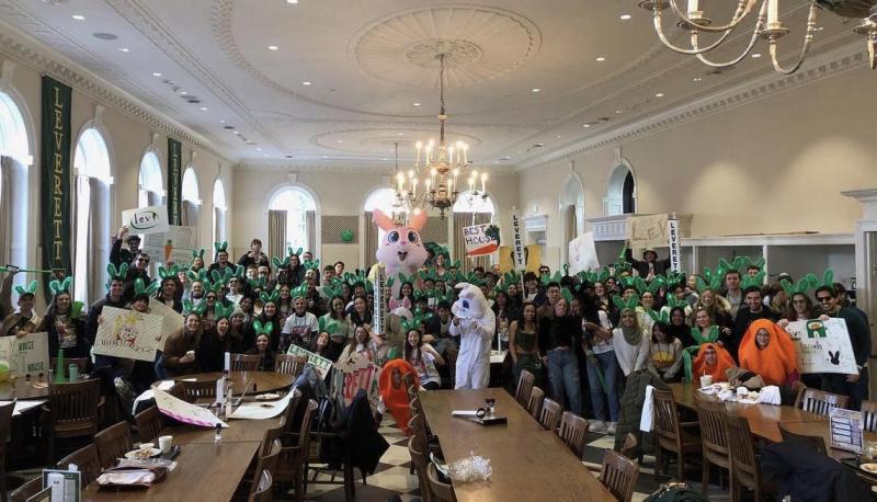 Picture of Lev students dressed up in Lev gear to storm first-year dorms on Housing Day