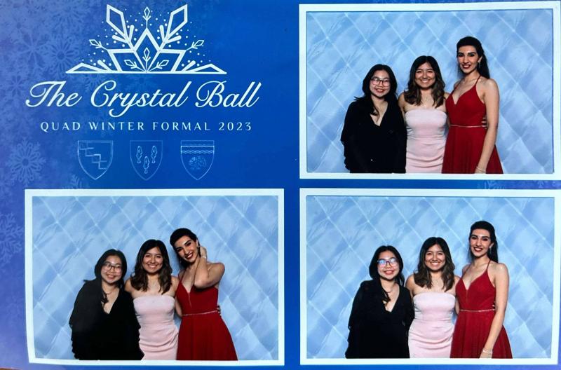 A photo collage titled "The Crystal Ball" with three girls wearing formal dresses. The collage is of three pictures of the girls smiling and facing the camera.