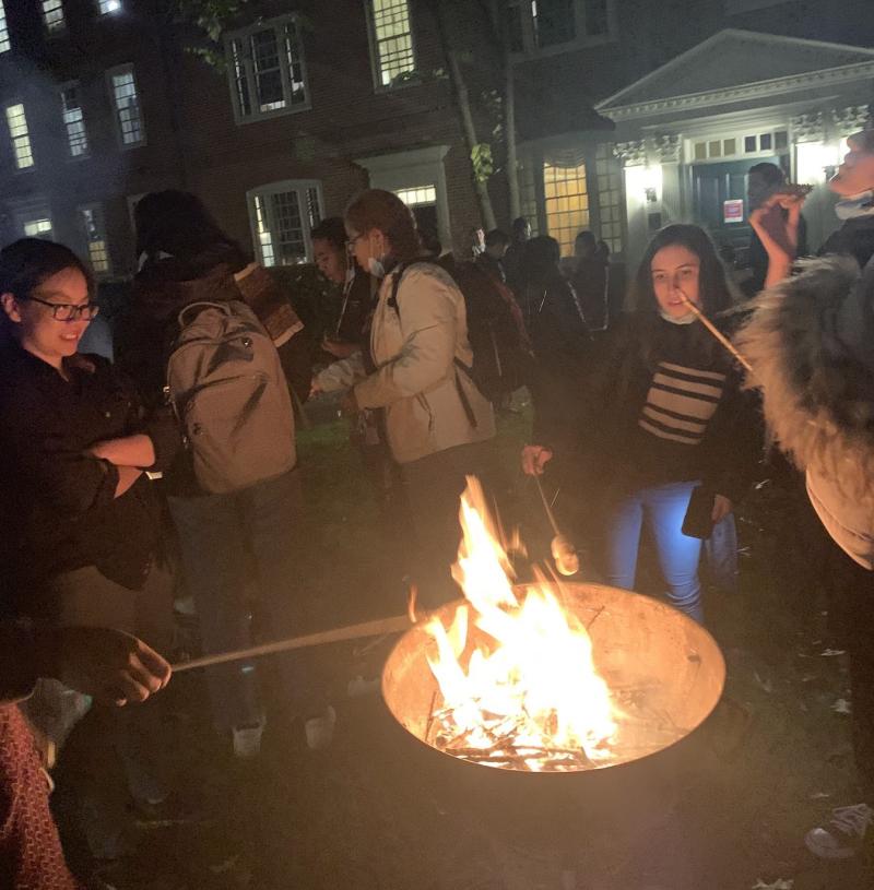 A group of students roasting marshmallows by a fireplace outside at night.