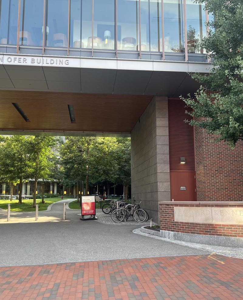 The front entrance of the Harvard Kennedy School, with the Batia and Idan Ofer Building in view