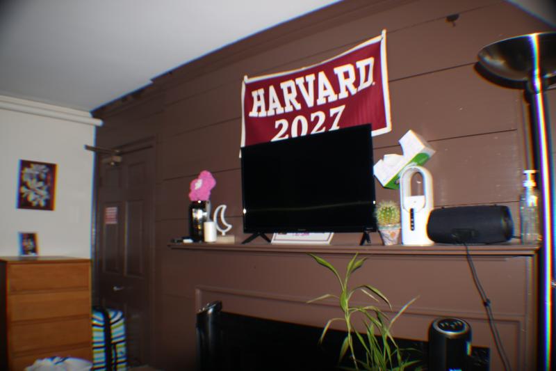 A picture of the TV and Harvard 2027 Flag.