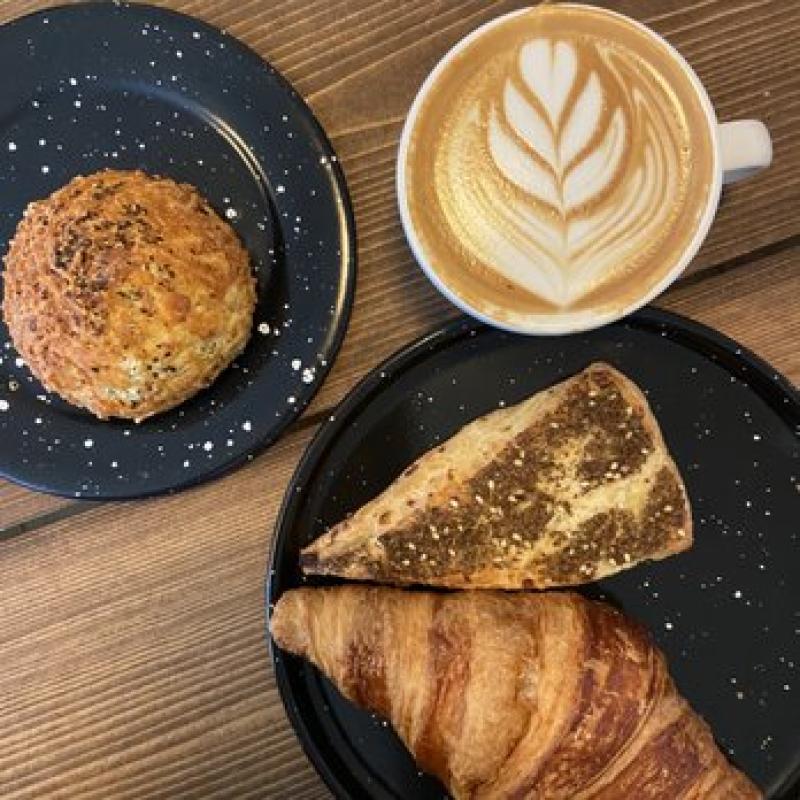 Cappuccino, croissant, and scones