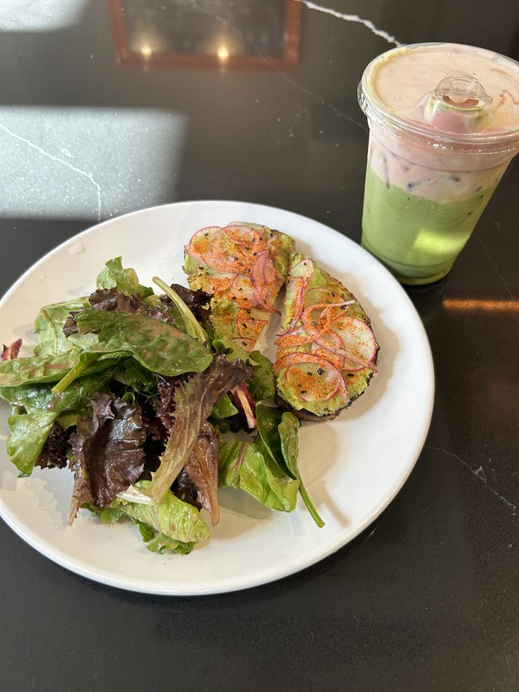 avocado toast, salad, and strawberry matcha latte