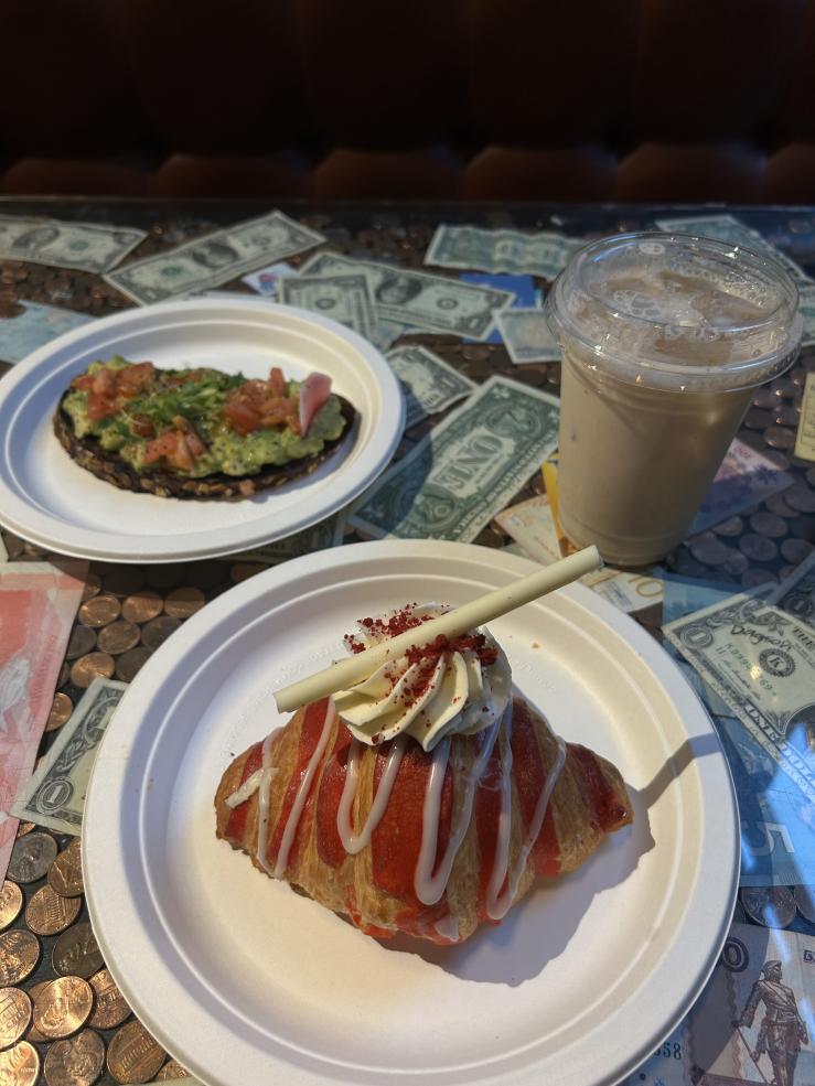 red velvet croissant, avocado toast, and pumpkin spice chai latte