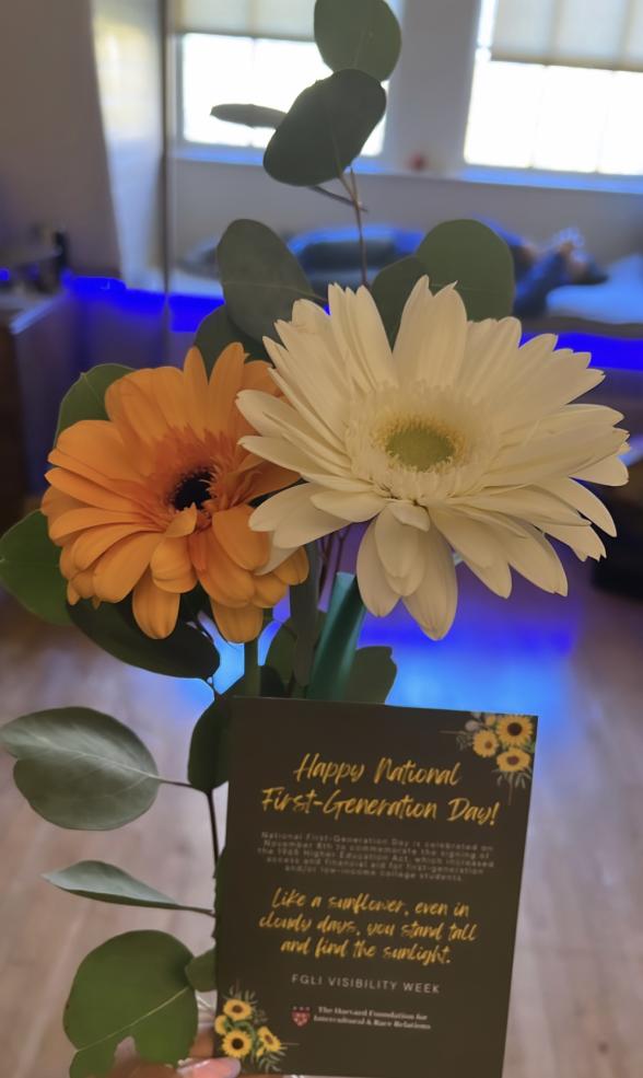 Celebrating FGLI Visibility Week with sunflowers and a thoughtful note from the Harvard Foundation!